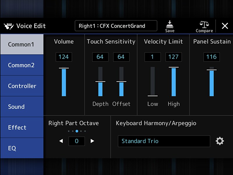 Voice Edit-Bildschirm der Yamaha Arranger Workstation PSR-SX920/720+