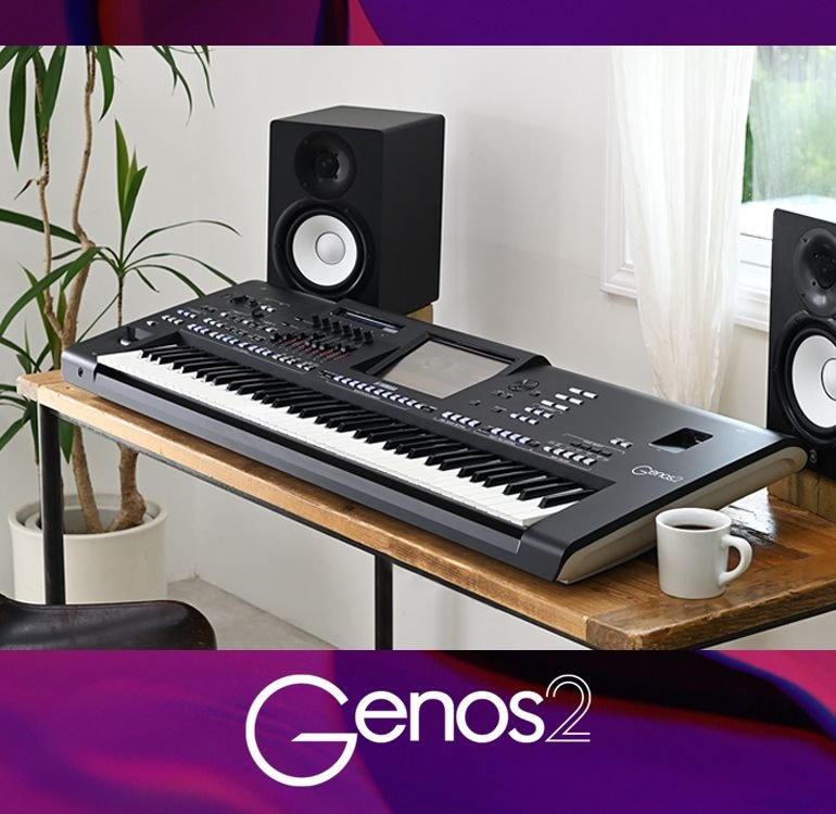 Genos2 logo and a photo of Genos2, HS8 monitor speakers, and a display monitor on a desk.