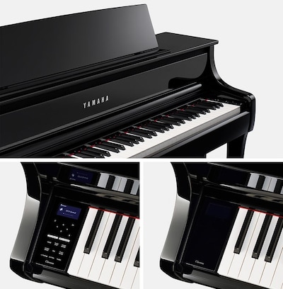 Collage of photos showing the Yamaha Clavinova CLP-875PE from an angle and the keyblock design with the LED display turned on and off