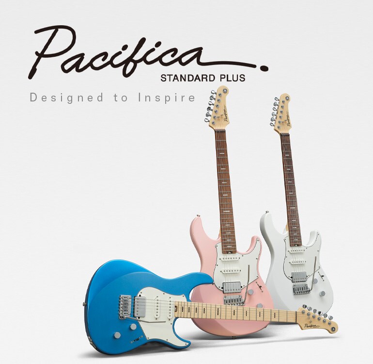 Drei Yamaha Pacifica Standard Plus 12-Modelle auf einem weißen Hintergrund