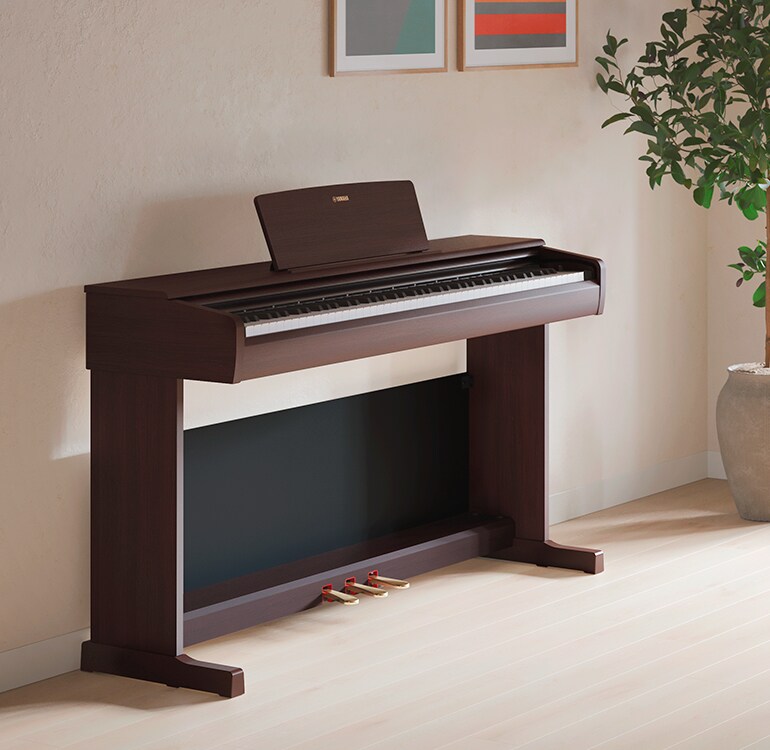 Ein Wohnzimmer mit einem ARIUS Piano, Zimmerpflanzen und einem Sofa, harmonisch in die Einrichtung integriert.