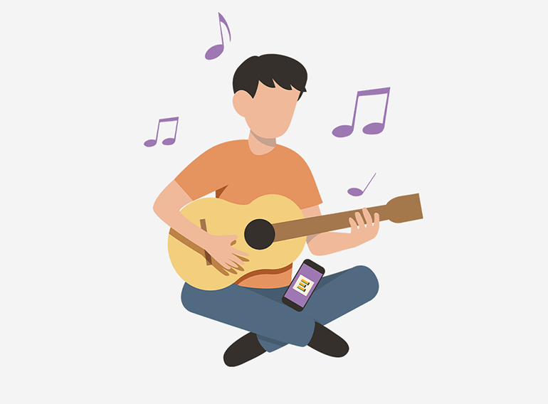 Ein Mann, der die Musikübungs-App Extrack nutzt, um mit Akkordtabellen zu üben.