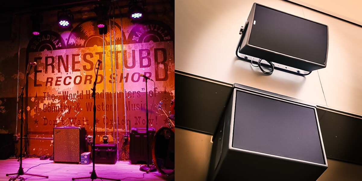 Two images: left shows live music stage inside Ernest Tubb Record Shop in Nashville; right shows two wall-mounted loudspeakers installed inside the venue